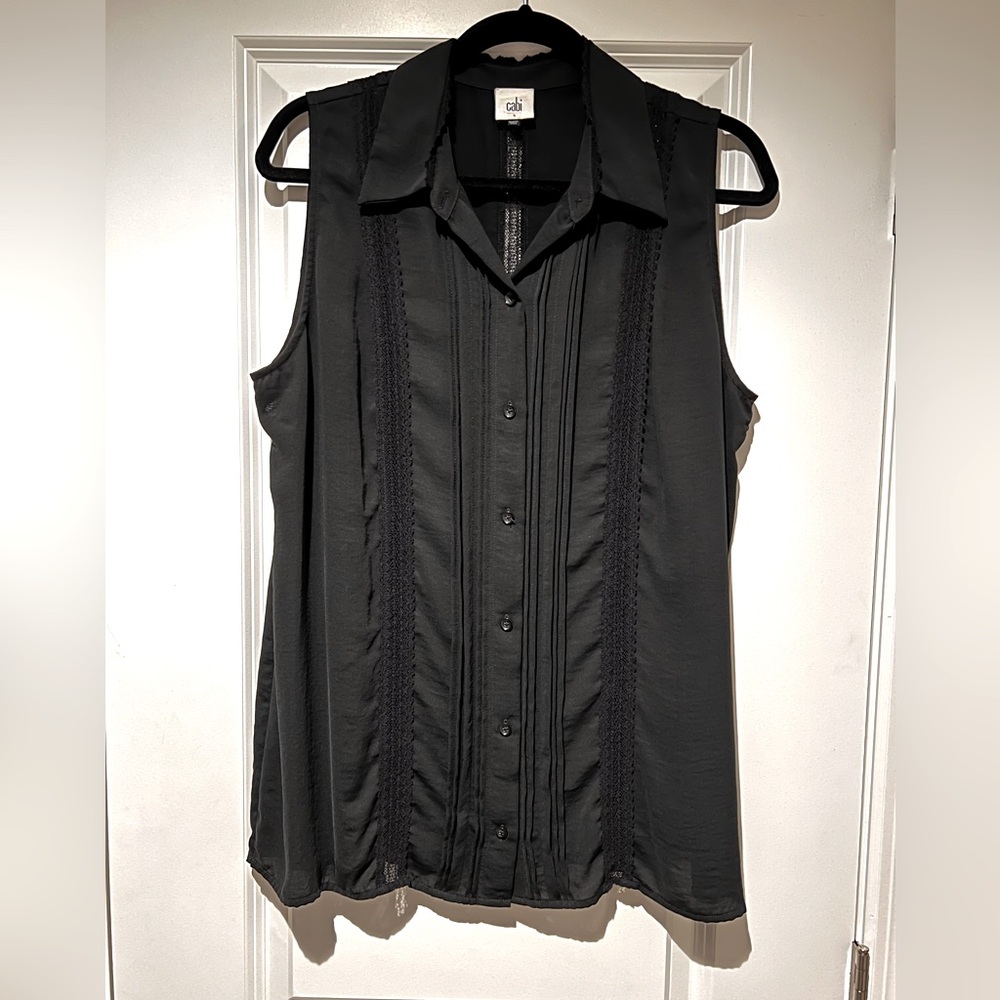 CAbi Jagger Blouse/Top, Sleeveless, Black, Size Large, Lace Panels.